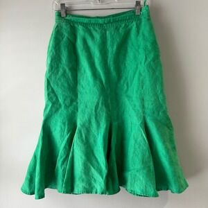 Escada by Margaretha Ley Linen Midi Skirt Green Fishtail Flounce Button Front 40